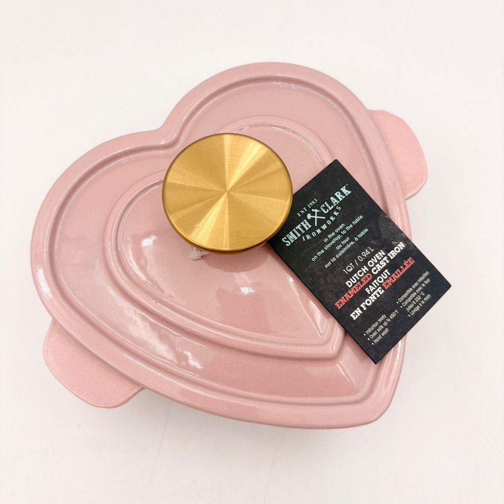 Smith & Clark 1QT Heart Dutch Oven Enameled Cast Iron Pink Gold Knob NEW